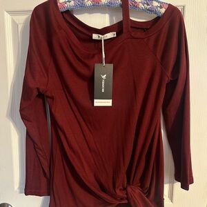Women's Maroon Knot-Front Long Sleeve Top- Off Shoulder M